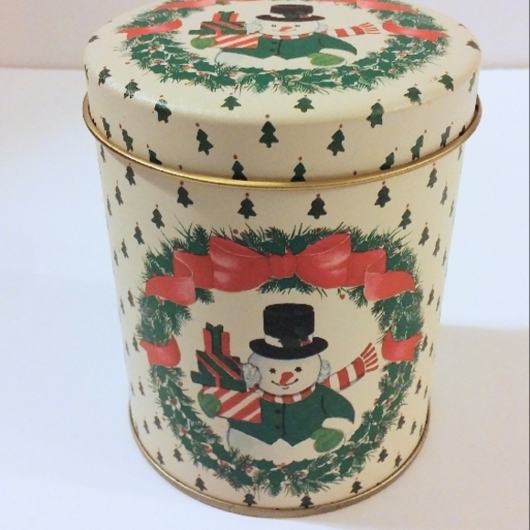Vintage Christmas Tin with Festive Snowman and Wreath Graphics for the Holidays - Picture 7 of 7